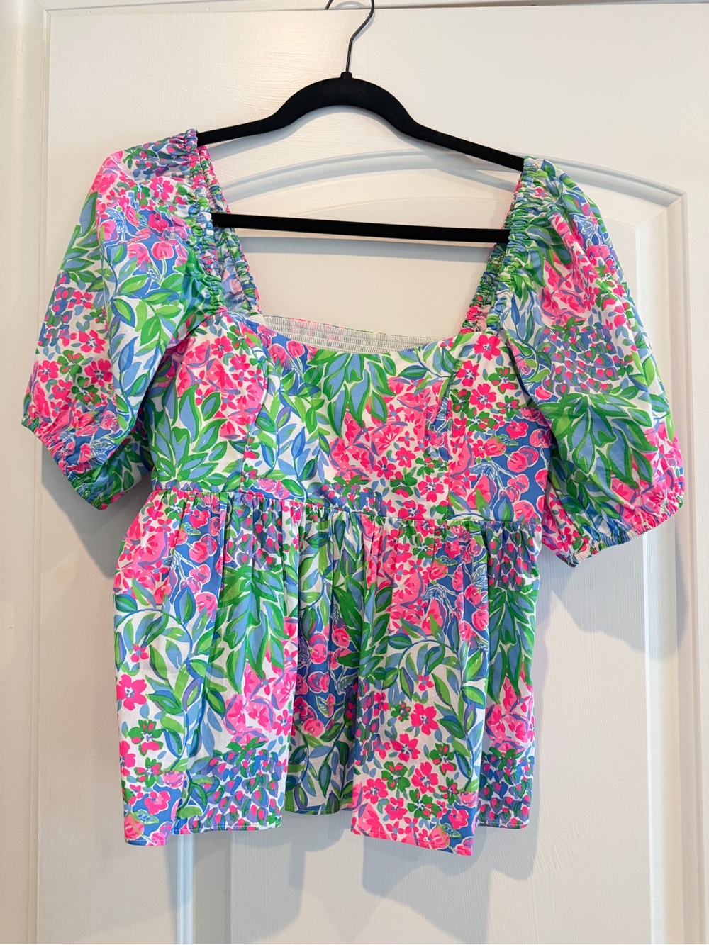 Lilly Pulitzer Pink, Green & Blue Floral Puff-Sleeve Peplum Top
